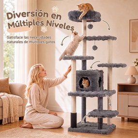 Arranhador para Gatos com Vários Níveis, 86 x 82 x 170 cm, Postes de Sisal, Cinzento