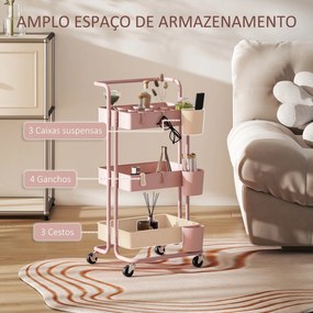 Carrinho de Cozinha Carrinho de Armazenamento com 4 Ganchos 3 Cestas Removíveis 3 Caixas Suspensas 42x38x86,5 cm Rosa