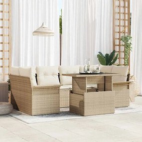 vidaXL Conjunto de Sofá de Jardim de 7 Peças com Almofadas Bege de Rattan