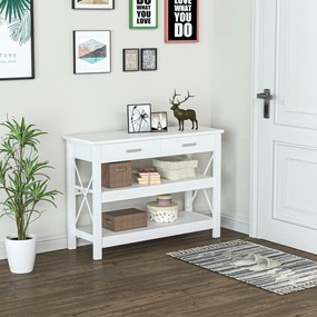 Mesa de console de estilo moderno com 2 gavetas e prateleiras inferiores 105x40x76 cm Branco