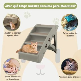 Escada de plástico dobrável para animais de estimação com 4 degraus para interior e exterior com feltro macio 62,5 x 38 x 49 cm Cinzento