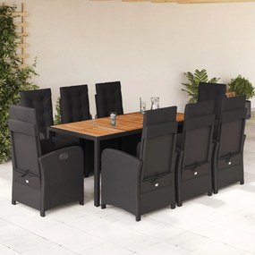 vidaXL 9 pcs conjunto de jantar p/ jardim c/ almofadões vime PE preto