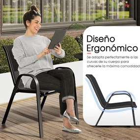 Conjunto de 4 cadeiras de jardim empilháveis (MESA NÃO INCLUIDA) com apoios de braços, encostos em metal e tecido, 56 x 70 x 84 cm Preto