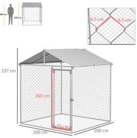 Canil de Exterior para Cães Médios Gaiola para Cães com Fechadura Toldo Impermeável e Anti-UV 200x200x237 cm Prata