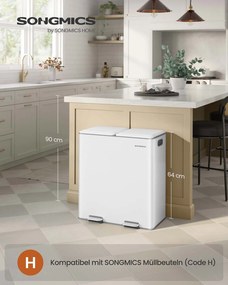 Caixote do lixo 58,5 x 37 x 64 cm com dois compartimentos de 30 litros, pedal com fecho suave e baldes interiores Branco