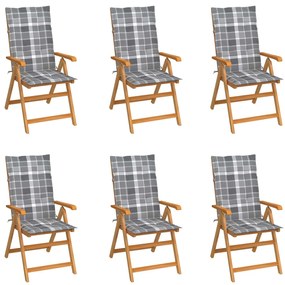 vidaXL Cadeiras jardim c/ almofadões xadrez cinzento 6 pcs teca maciça