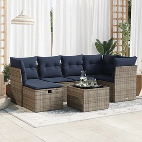 7 pcs conjunto sofás p/ jardim c/ almofadões vime PE cinzento