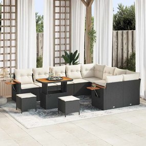 Conjunto de Sofás de Jardim vidaXL de 12 Peças com Almofadas Vime Poliéster Preto Acácia
