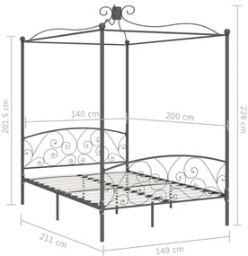 Estrutura de cama com dossel 140x200 cm metal cinzento