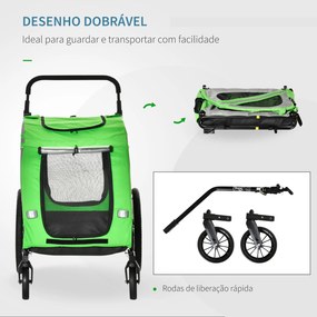 Reboque Bicicleta Cães 2 em 1 Transporte Animais Estimação Porta Enrolável 140x72,5x107,5cm Verde