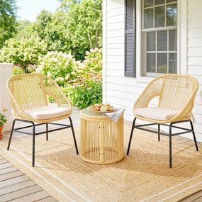 Conjunto de jardim, 3 peças: 2 poltronas confortáveis e mesa em vidro temperado, com almofadas com capas removíveis em bege