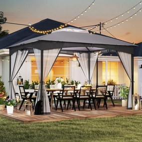 Pérgula para jardim 365x300 cm com paredes de malha com pesos areia Estrutura metálica resistente Portas com fecho Cinzenta