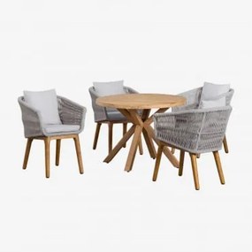 Conjunto De Mesa Redonda De Madeira (ø100 Cm) Naele E 4 Cadeiras De Jantar Barker Cinzento Glaciar - Sklum