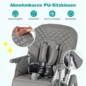Cadeira refeição alta dobrável para bebés, cadeira infantil com função reclinável e altura ajustável, cinzenta
