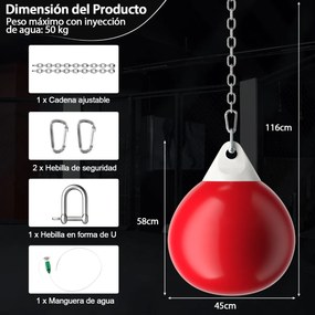 Saco de boxe com água de 45 cm e 50 kg com corrente metálica ajustável, mangueira de injeção de água, soco de boxe para adultos, vermelho e branco