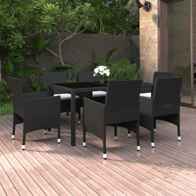 vidaXL 7 pcs conjunto jantar p/ jardim vime PE e vidro temperado preto