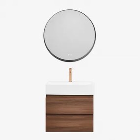 Conjunto De Móvel De Casa De Banho Em Madeira E Chapa De Freixo Com Lavatório Integrado Ona Madeira Escura & Redondo Led - Sklum