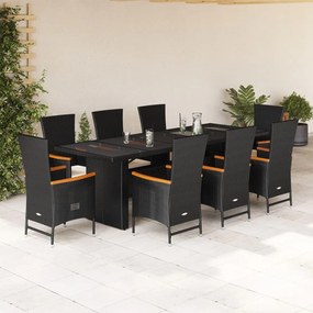 9 pcs conjunto de jantar p/ jardim c/ almofadões vime PE preto