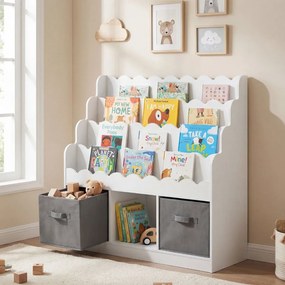 Estante infantil com 4 prateleiras, 3 compartimentos e 2 gavetas 90 x 30 x 91,5 cm, com tecido organizador para brinquedos, a partir dos 3 anos, para
