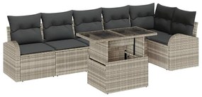 Conjunto de sofá de jardim com 7 peças e almofadas cinza claro em ratt