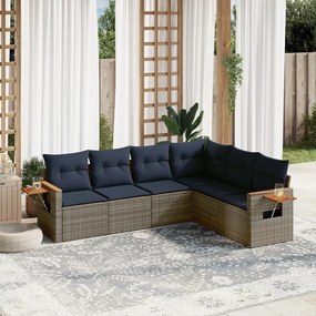 6 pcs conjunto sofás p/ jardim c/ almofadões vime PE cinzento