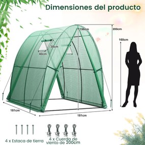 Estufa agrícola para exterior com 2 portas com fecho de correr, 2 janelas enroláveis e bolsas laterais 181 x 181 x 200 cm Verde