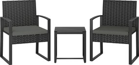 Outsunny Conjunto bistrô em rattan, conjunto de móveis de jardim 3 peças com 2 cadeiras de jardim, mesa de centro, almofadas removíveis Cinza escuro | Aosom Portugal