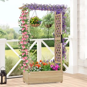 Floreira jardim elevada de madeira com treliça em arco Furo de drenagem 110 x 44 x 182 cm Natural