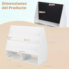 Estante Infantil Móvel, 90 x 45,5 x 87 cm, Quadro de Ardósia Integrado, Branco