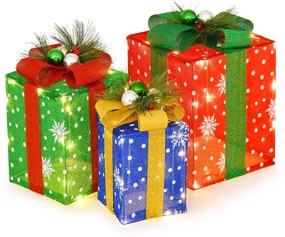 Decoração de 3 caixas de presente de Natal iluminadas com 52 luzes LED pré-iluminadas Multicolorido