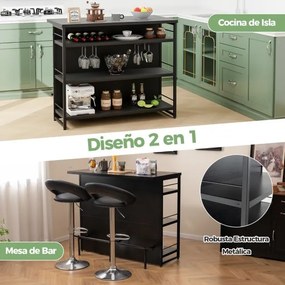 Mesa de bar alta de cozinha 4 níveis com 3 Estantes Prateleiras para vinhos Ilha de cozinha 120 x 60 x 101 cm Preto