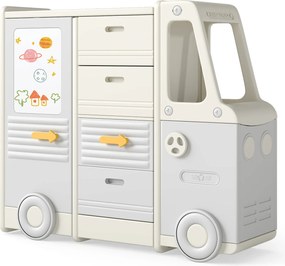 Estante para brinquedos em forma de autocarro para crianças com quadro branco, 4 gavetas e armários, 111 x 34 x 94 cm Bege + Cinza