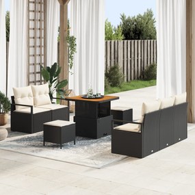 Conjunto de Sofá de Jardim 8 Peças com Almofadas Preto Poli Rattan Acácia