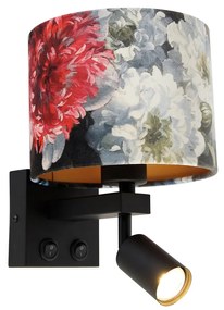 Candeeiro de parede preto com candeeiro de leitura e abajur 18 cm flores - Brescia Moderno