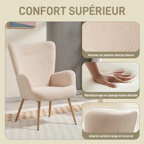 Poltrona de sala, poltrona auxiliar estofada em tecido bouclé com encosto alto e braços, 71 x 74 x 97,5 cm, bege