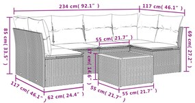7 pcs conjunto de sofás p/ jardim c/ almofadões vime PE preto