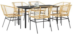 Conjunto jantar jardim 7 peças vidro vime PE castanho
