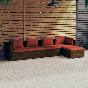 vidaXL 5 pcs conjunto lounge jardim c/ almofadões vime PE castanho