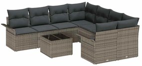 Conjunto de sofá de jardim de 9 peças com almofadas cinzas em rattan