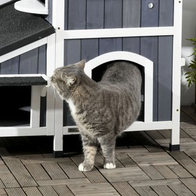 PawHut Casa para Gatos de Madeira com Suporte para Flores 96x65x85,5 cm Casa para Gatos de 2 Níveis com Teto Asfáltico Janela e Múltiplas Entradas Cinza