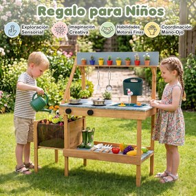 Cozinha brincar infantil para Brincar no Exterior, 93 x 36,5 x 96 cm, com Floreira Elevada, Natural