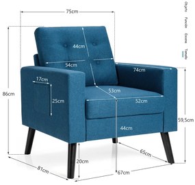 Sofá moderno de braços em pele Apida com pernas de madeira e 2 bolsos laterais 75 x 81 x 86 cm Azul