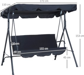 Baloiço de Jardim de Metal 3 lugares com Toldo Ajustável e Almofada  172x110x153 cm Preto