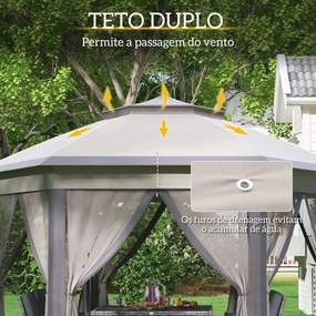 Tenda Dobrável 4x3,4 m Hexagonal com Duplo Teto 6 Mosquiteiras Destacáveis e Saco de Transporte Castanho e Bege