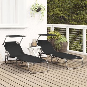 Espreguiçadeiras Dobráveis 2 pcs com Toldo Preto Tecido Oxford 600D