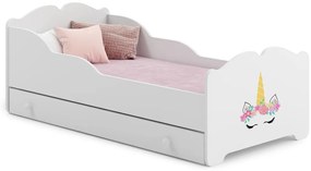 Cama infantil ANNA branca com gaveta 140x70 - unicórnio - colchão e estrado incluído
