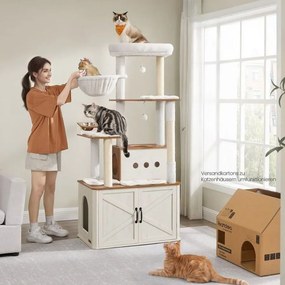 Arranhador para gatos de 170 cm, com caverna e recanto em castanho-mel e branco vintage