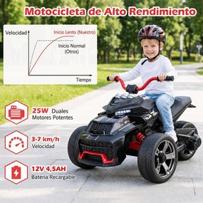 Moto Elétrica Infantil crianças 3 a 6 anos de Três Rodas, 72 x 111 x 64 cm, Dois Motores de 25 W, Vermelho+Preto
