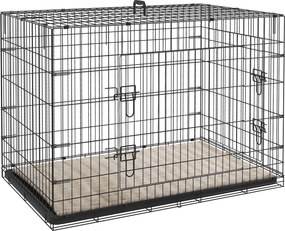 PawHut Jaula Dobrável para Cães com Almofada, Portas, Tabuleiro Amovível e Estrutura Metálica, 106x71,5x76 cm, Preto e Bege | Aosom Portugal