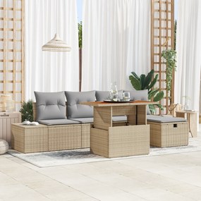 Conjunto de Sofá de Jardim de 6 Peças com Almofadas Bege Rattan Polipr